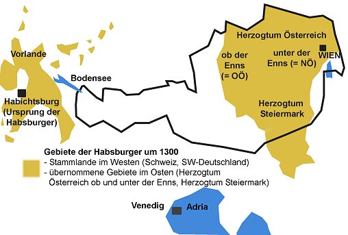 Gebiete der Habsburger um 1300 (Skizze: A. Prock)