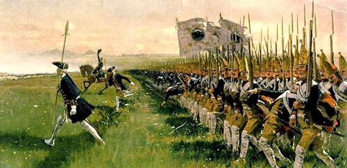Angriff der preußischen Infanterie, Hohenfriedeberg, 4. Juni 1748 (Quelle: wikimedia)